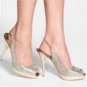 JIMMY CHOO CLUE GLITTER SLINGBACK PLATFORM PEEP TOE HIGH HEEL PUMPS SANDAL 37